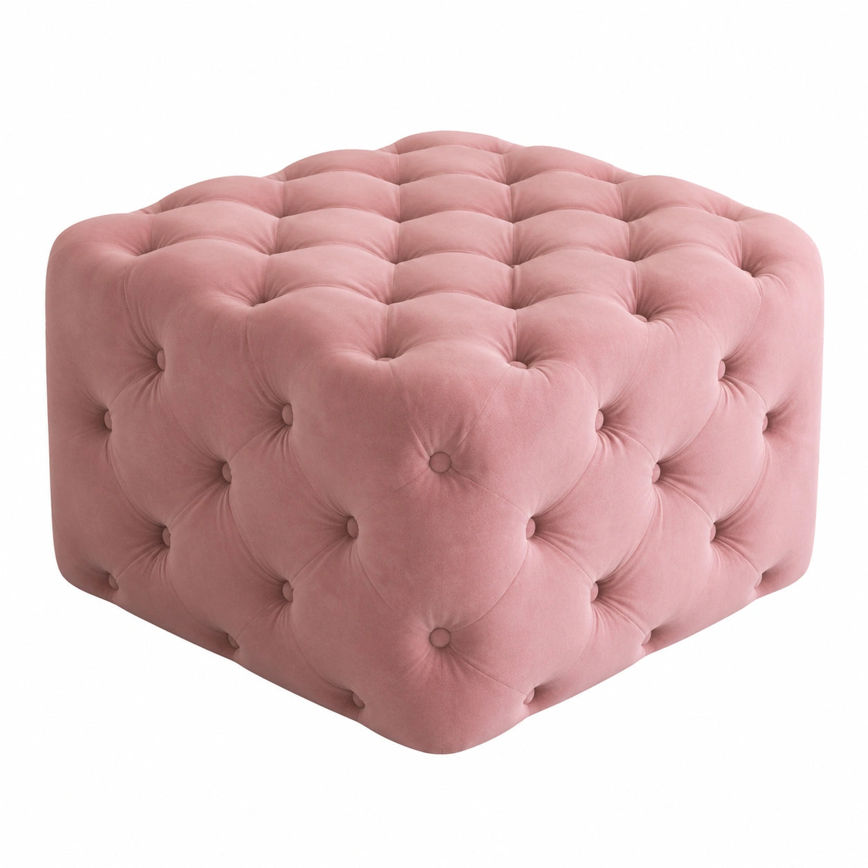 Rosa Samt-Ottomane mit Knopfheftung, moderner quadratischer Polsterhocker für Zuhause, 63x63x38 cm