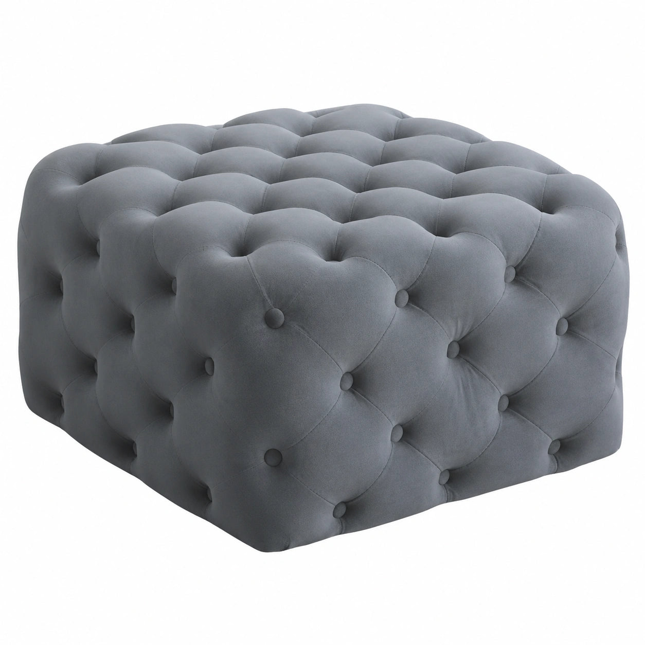 Eleganter Samt-Pouf in Grau mit Knopfdetail, Quadratischer Hocker für Wohnzimmer