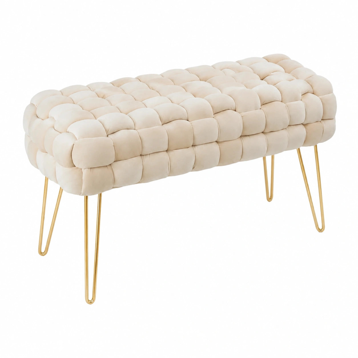 Moderner Samt-Hocker mit goldenen Metallbeinen, Gepolstert, Beige, 70x38x41.5cm