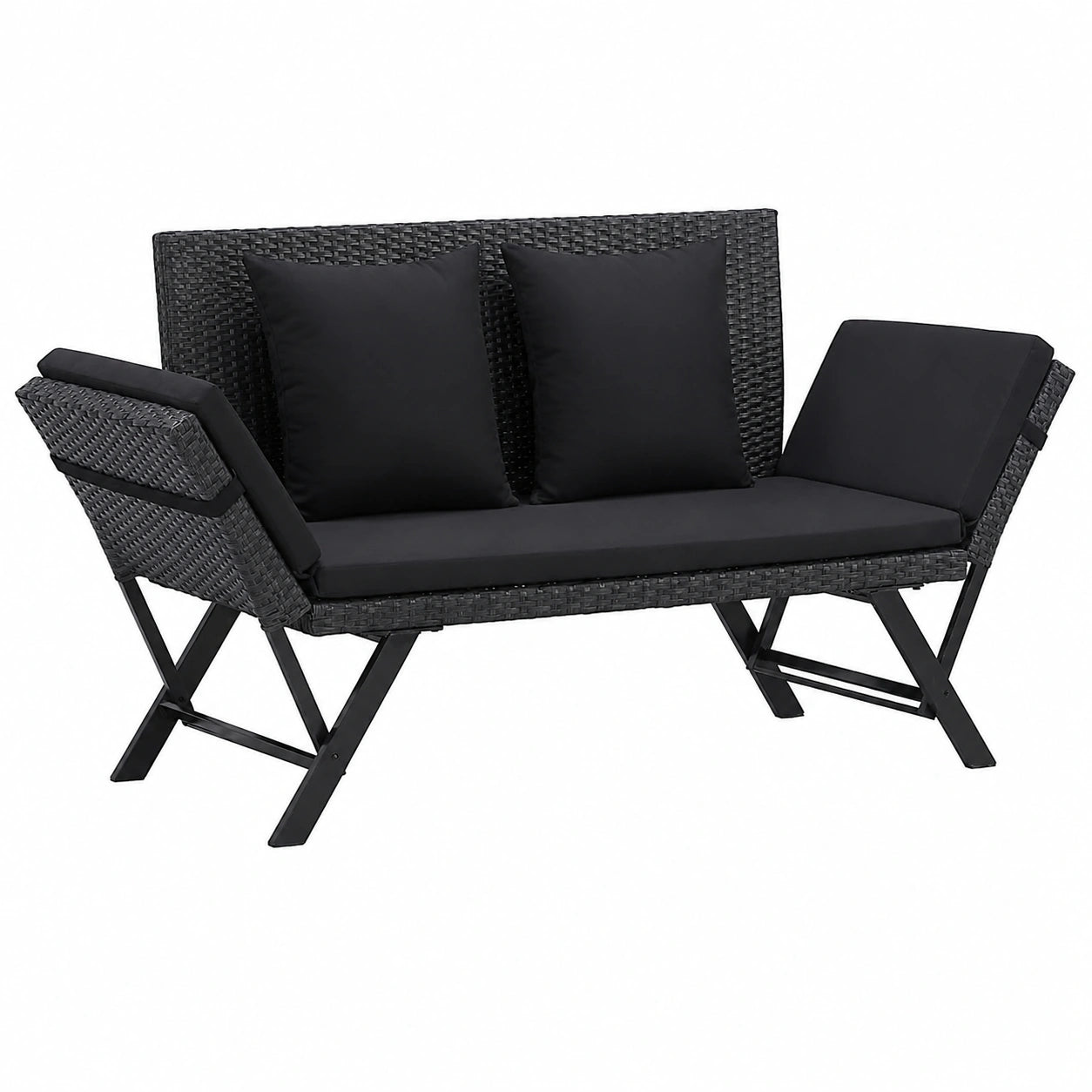 Schwarze Polyrattan Gartenbank mit Kissen 176 cm für Balkon und Garten