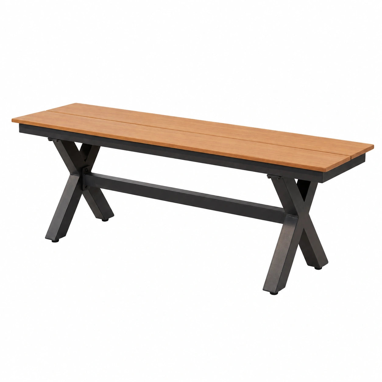 Gartenbank Aluminium ohne Rückenlehne, Holzoptik Kunststoff, Wetterfest, Schwarz-Braun, 140 cm