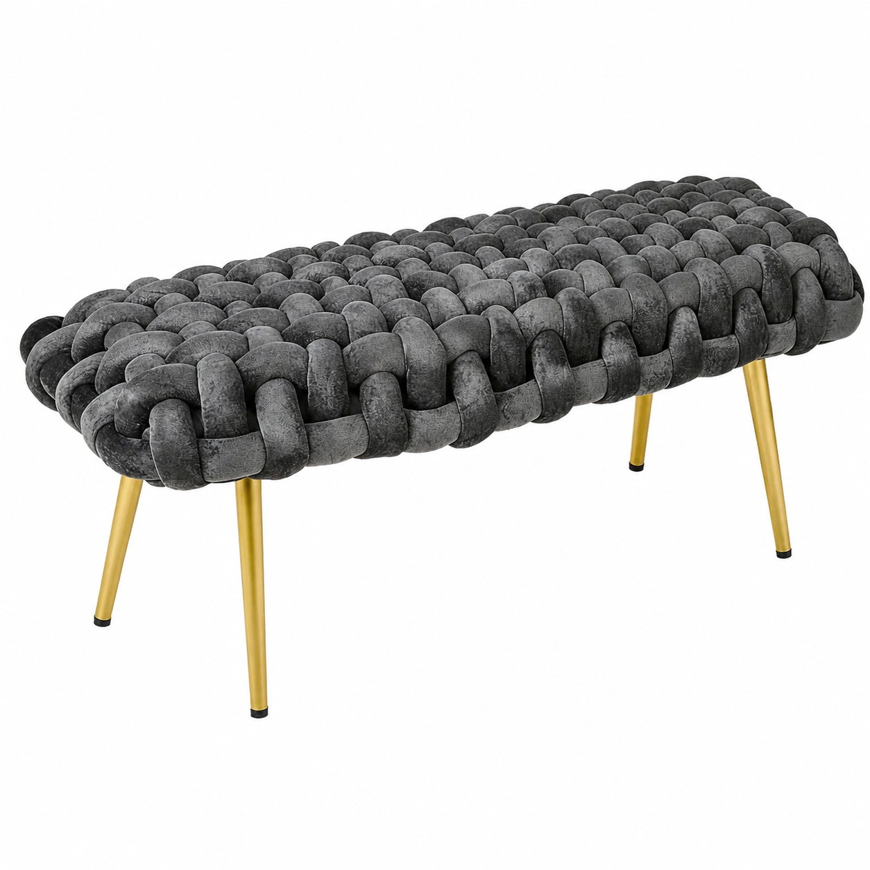 Graue Samtbank mit goldenen Metallbeinen, gepolstert und rechteckig, bis 300 kg belastbar, ideal für Wohnzimmer, Schlafzimmer und Flur, 110x46x46cm