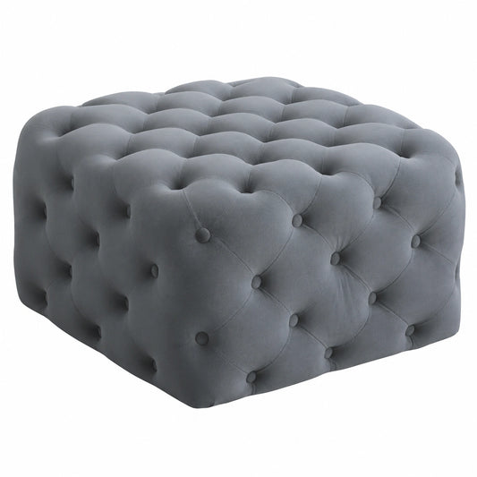 Eleganter Samt-Pouf in Grau mit Knopfdetail, Quadratischer Hocker für Wohnzimmer