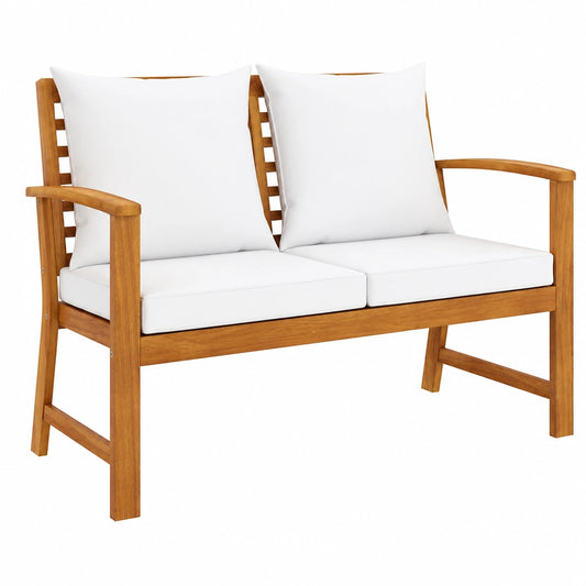 Hölzerne Gartenbank 120 cm mit Cremeweißen Kissen für Terrasse und Balkon