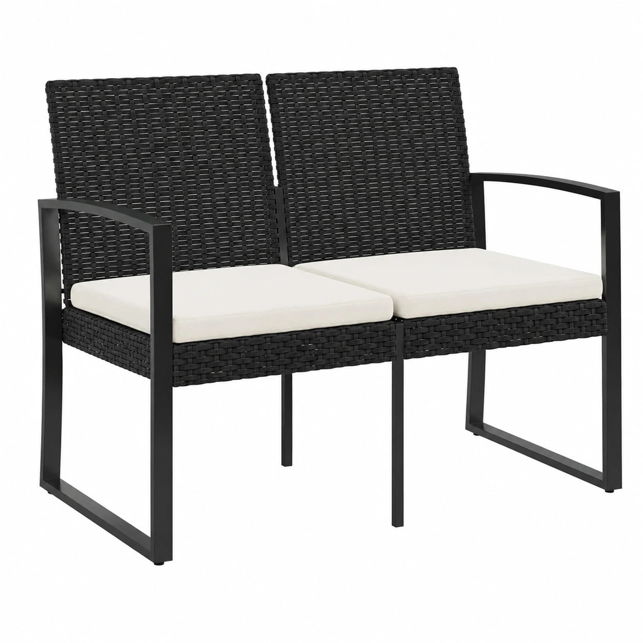 2-Sitzer Gartenbank mit Kissen, Schwarz, Rattan für Außenbereich