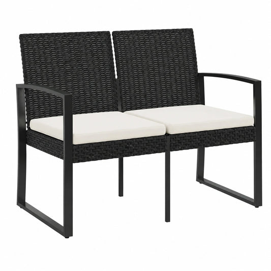 2-Sitzer Gartenbank mit Kissen, Schwarz, Rattan für Außenbereich