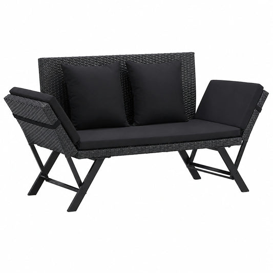 Schwarze Polyrattan Gartenbank mit Kissen 176 cm für Balkon und Garten