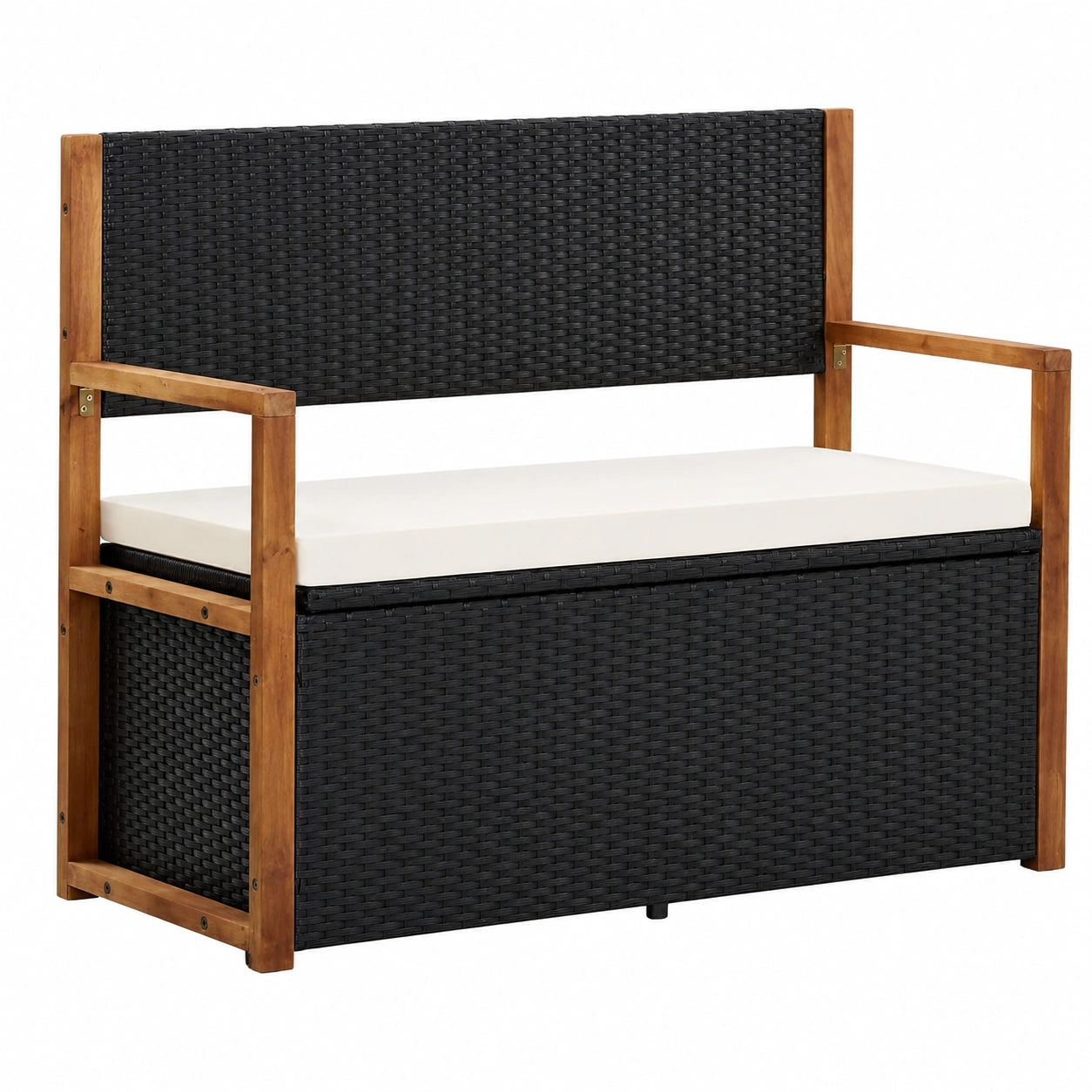 Gartenbank mit Stauraum 115 cm, Poly Rattan und Akazienholz, Schwarz