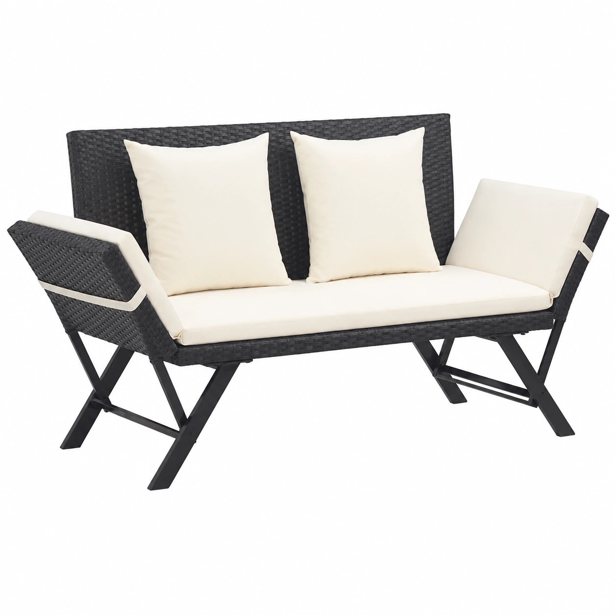 Schwarze Gartenbank 176 cm mit Kissen, Poly Rattan Hockerbank für Außenbereich