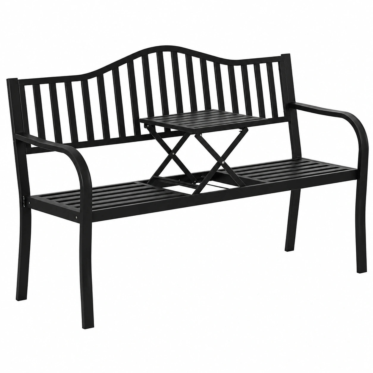 Outsunny Gartenbank mit integriertem Tisch für 2 Personen, wetterfest, bis 240 kg belastbar, schwarze Terrassenbank mit Lehnen, 150 x 58,5 x 90 cm