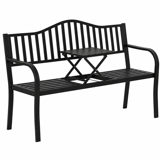 Outsunny Gartenbank mit integriertem Tisch für 2 Personen, wetterfest, bis 240 kg belastbar, schwarze Terrassenbank mit Lehnen, 150 x 58,5 x 90 cm