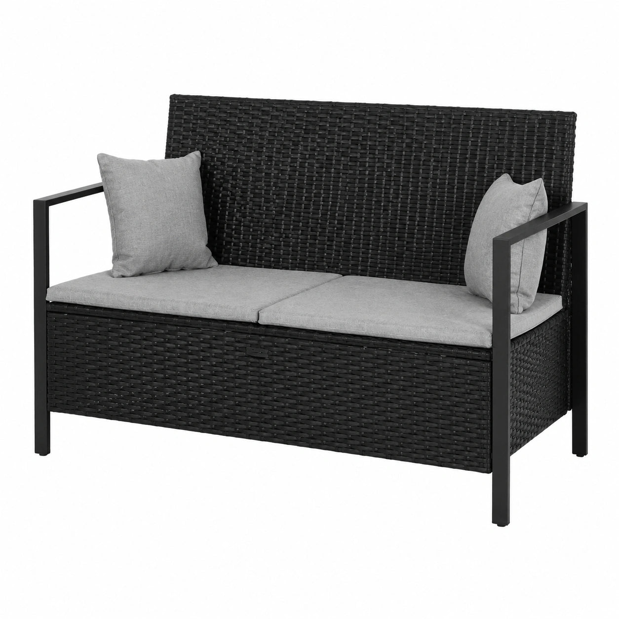 Gartenbank 2-Sitzer mit Kissen Schwarz Poly Rattan für Balkon und Garten