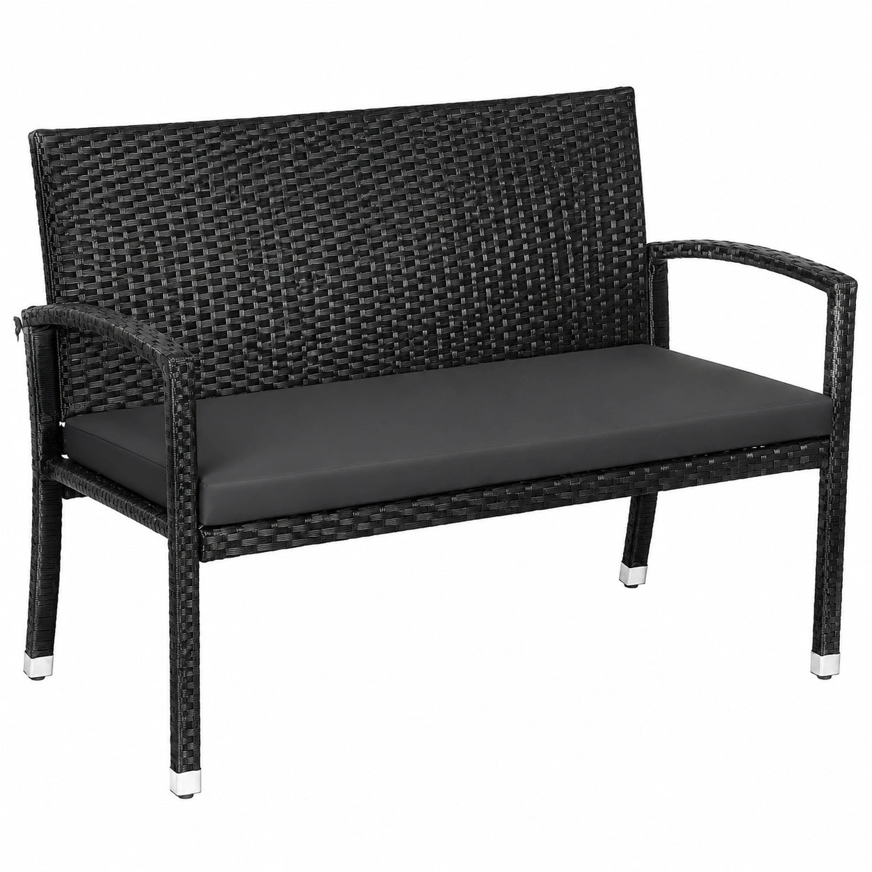 Wetterfeste 2-Sitzer Polyrattan Gartenbank mit Kissen, bis 227 kg belastbar, 112x58x90 cm, mit Rücken- und Armlehnen, Outdoor-Schwarz