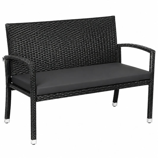 Wetterfeste 2-Sitzer Polyrattan Gartenbank mit Kissen, bis 227 kg belastbar, 112x58x90 cm, mit Rücken- und Armlehnen, Outdoor-Schwarz