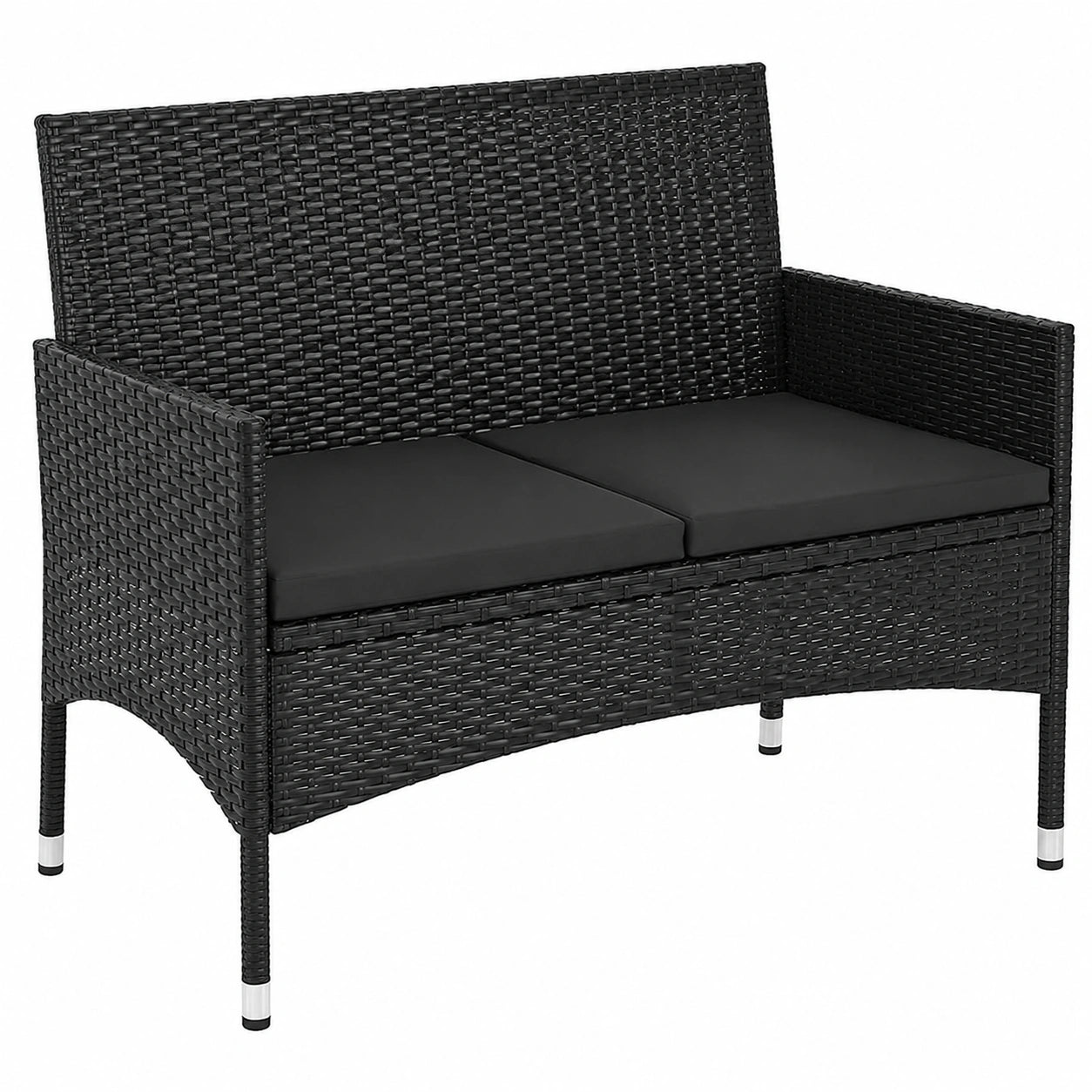 Zweier-Gartenbank mit Kissen aus schwarzem Polyrattan für Balkon und Garten