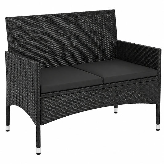 Zweier-Gartenbank mit Kissen aus schwarzem Polyrattan für Balkon und Garten