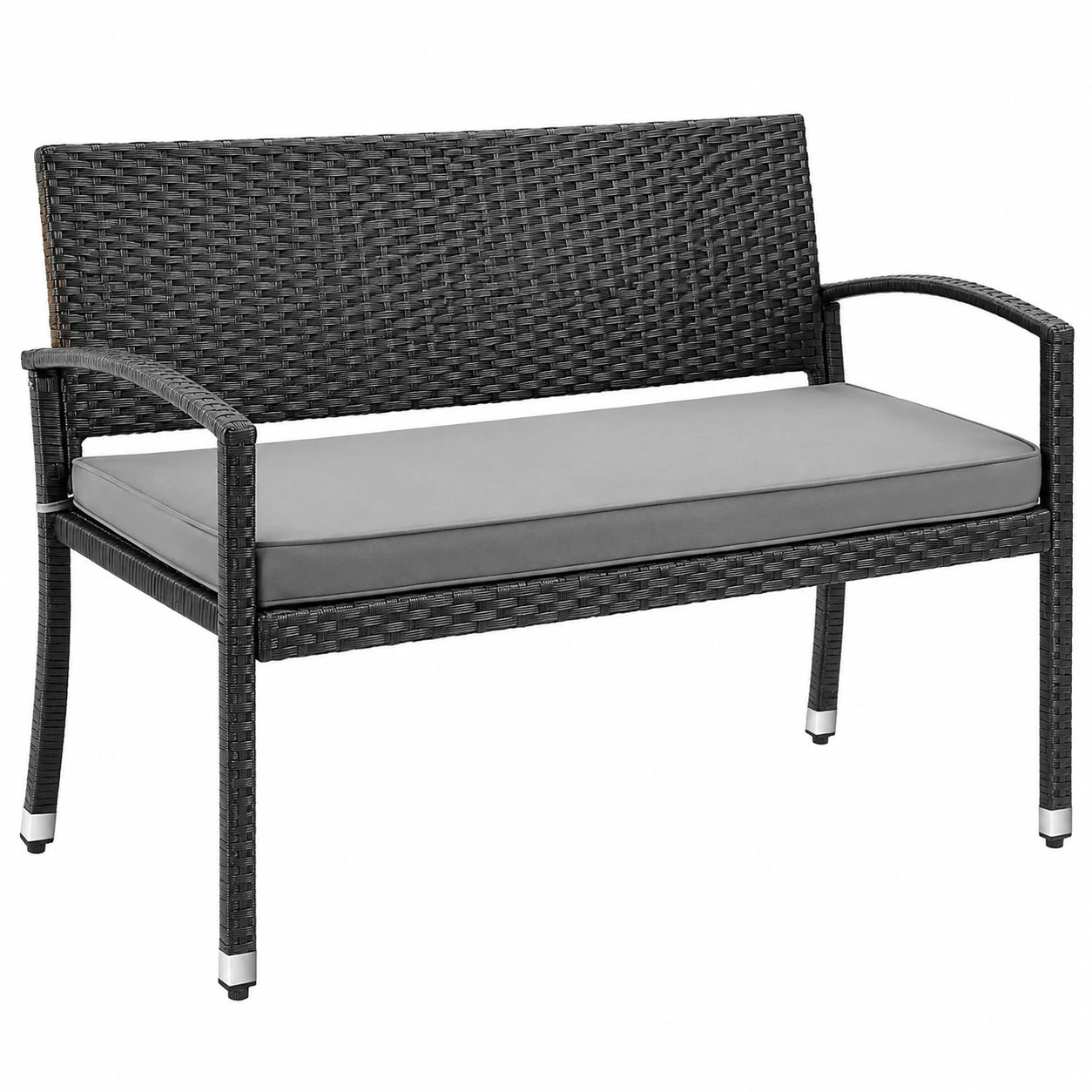 Robuste Gartenbank aus Polyrattan mit Kissen, 2-Sitzer, bis 320 kg, ideal für Balkon und Terrasse, schwarz
