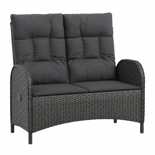 Verstellbare Poly-Rattan Gartenbank mit Kissen, 107cm, Schwarz für Balkon und Terrasse